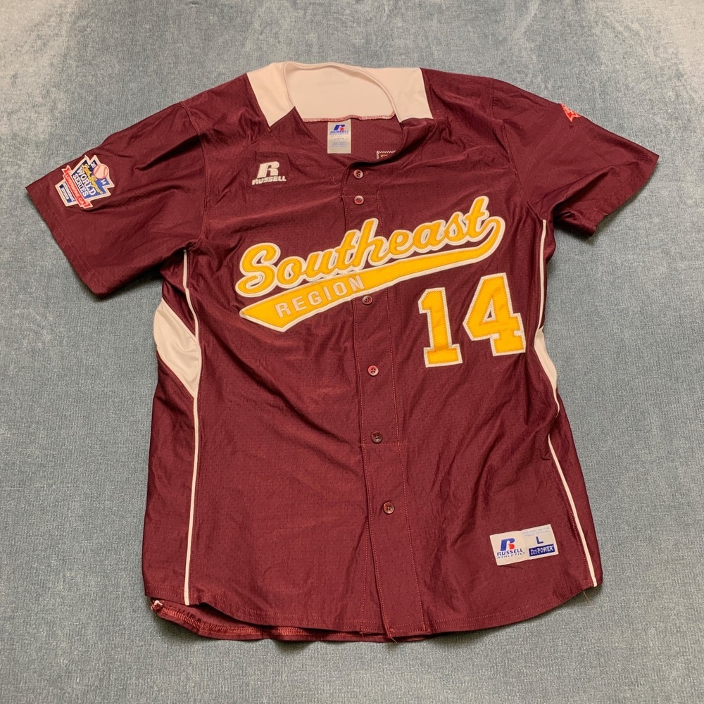 Russell Athletic Southeast Region 14 Baseball Jersey Men L Burgundy Button Front